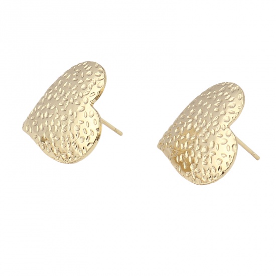 Picture of Zinc Based Alloy Ear Post Stud Earrings Findings Heart Real Gold Plated W/ Loop 19mm x 19mm, Post/ Wire Size: (21 gauge), 4 PCs
