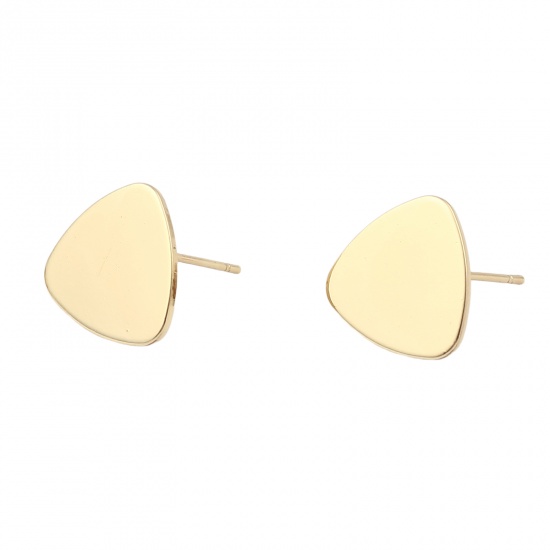 Picture of Zinc Based Alloy Ear Post Stud Earrings Findings Triangle Real Gold Plated W/ Loop 15mm x 14mm, Post/ Wire Size: (21 gauge), 4 PCs