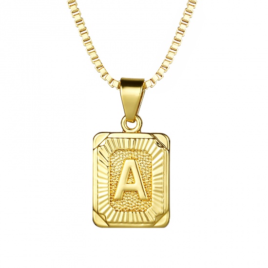 Bild von 24K Echtgold plattiert Kupfer Rechteck Anfangsbuchstabe/ Großbuchstabe Message " A " Anhänger Halskette 55,5cm - 55cm lang, 1 Strang