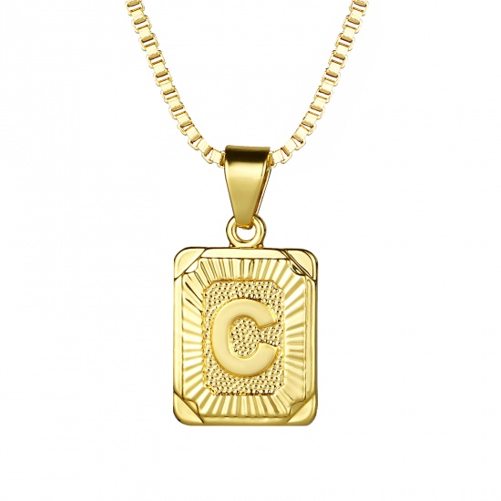 Immagine di Placcato Oro Vero 24K Rame Rettangolo Lettera Maiuscola Messaggio " C " Collana con Ciondolo 55.5cm - 55cm Lunghezza, 1 Pz