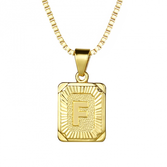 Bild von 24K Echtgold plattiert Kupfer Rechteck Anfangsbuchstabe/ Großbuchstabe Message " F " Anhänger Halskette 55,5cm - 55cm lang, 1 Strang