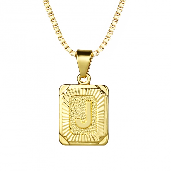 Picture of 24K Real Gold Plated Copper Rectangle Initial Alphabet/ Capital Letter Message " J " Pendant Necklace 55.5cm(21 7/8") - 55cm(21 5/8") long, 1 Piece