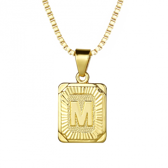 Изображение 24-каратное настоящее золото Медь Прямоугольник Заглавная буква Сообщение " M " Ожерелье с подвеской 55.5см - 55см длина, 1 ШТ