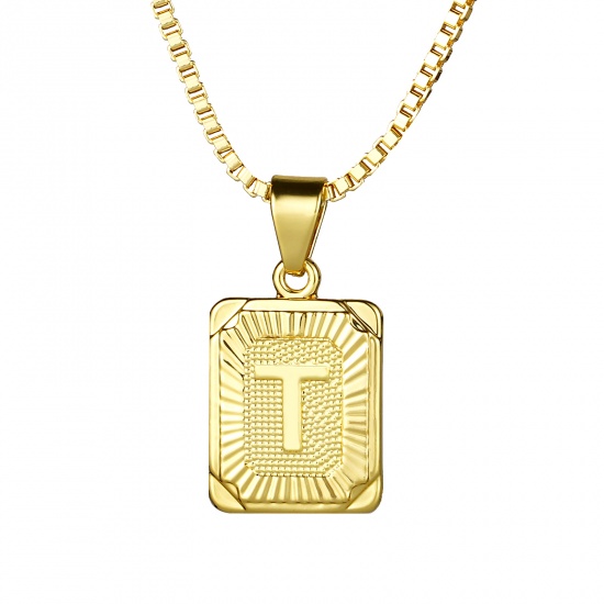 Bild von 24K Echtgold plattiert Kupfer Rechteck Anfangsbuchstabe/ Großbuchstabe Message " T " Anhänger Halskette 55,5cm - 55cm lang, 1 Strang