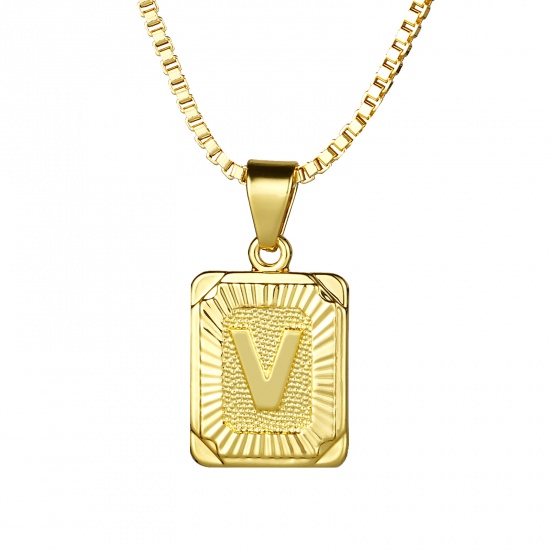 Bild von 24K Echtgold plattiert Kupfer Rechteck Anfangsbuchstabe/ Großbuchstabe Message " V " Anhänger Halskette 55,5cm - 55cm lang, 1 Strang