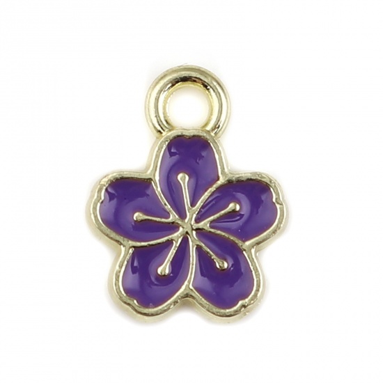 Picture of Zinc Based Alloy Charms Flower Gold Plated Purple Enamel 11mm x 9mm, 20 PCs