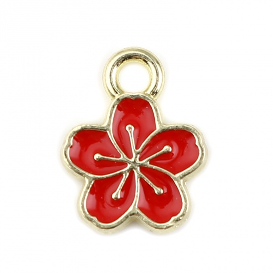 Picture of Zinc Based Alloy Charms Flower Gold Plated Red Enamel 11mm x 9mm, 20 PCs