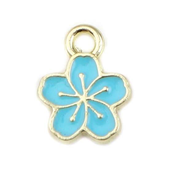 Picture of Zinc Based Alloy Charms Flower Gold Plated Blue Enamel 11mm x 9mm, 20 PCs