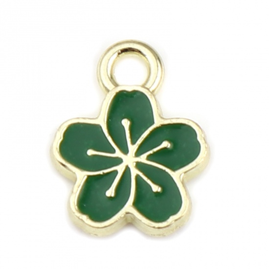 Picture of Zinc Based Alloy Charms Flower Gold Plated Green Enamel 11mm x 9mm, 20 PCs