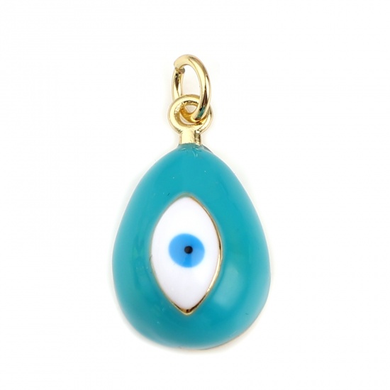 Picture of Brass Religious Charms Gold Plated Green Blue Drop Evil Eye Enamel 23mm x 11mm, 1 Piece                                                                                                                                                                       