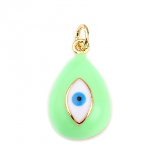 Picture of Brass Religious Charms Gold Plated Green Drop Evil Eye Enamel 23mm x 11mm, 1 Piece                                                                                                                                                                            