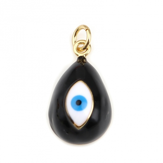 Picture of Brass Religious Charms Gold Plated Black Drop Evil Eye Enamel 23mm x 11mm, 1 Piece                                                                                                                                                                            