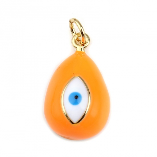 Picture of Brass Religious Charms Gold Plated Orange Drop Evil Eye Enamel 23mm x 11mm, 1 Piece                                                                                                                                                                           