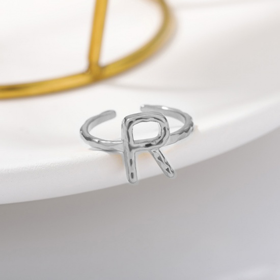 Immagine di Acciaio Inossidabile Aperto Regolabile Anello Tono Argento Anello Lettera Maiuscola " R" 16.5mm (taglia di US: 6), 1 Pz