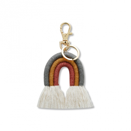 Picture of Zinc Based Alloy & Cotton Boho Chic Bohemia Keychain & Keyring Gold Plated Gray & Brown Rainbow Tassel 12cm x 6cm, 1 Piece