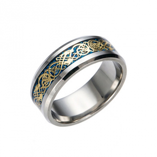 Bild von Edelstahl Uneinstellbar Ring Blau Geschnitzte Muster 17.3mm（US Größe:7), 1 Stück