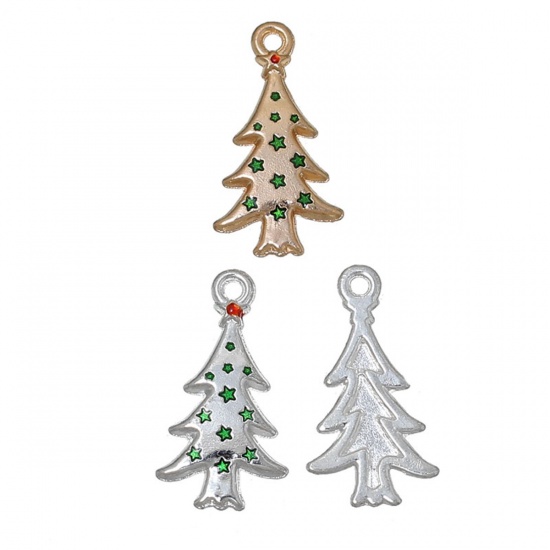 Picture of Zinc Metal Alloy Charms Christmas Tree At Random Star Carved Enamel 26mm(1") x 14mm( 4/8"), 10 PCs