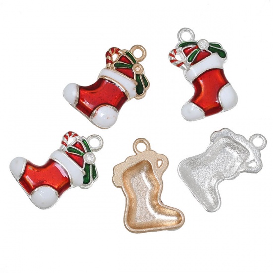 Picture of Zinc Metal Alloy Charms Christmas Stocking At Random (Can Hold 1.2mm Dia. Flatback Rhinestone) Enamel 24mm(1") x 15mm( 5/8"), 5 PCs