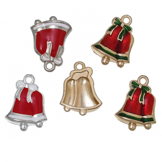 Picture of Zinc Metal Alloy Charms Christmas Jingle Bell Bowknot Carved At Random Enamel 24mm(1") x 17mm( 5/8"), 5 PCs