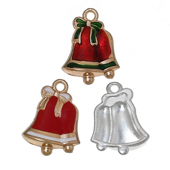 Picture of Zinc Metal Alloy Charms Christmas Jingle Bell Bowknot Carved At Random Enamel 24mm(1") x 17mm( 5/8"), 5 PCs
