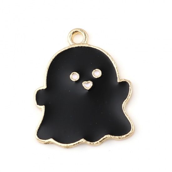 Picture of Zinc Based Alloy Charms Halloween Ghost Gold Plated Black Enamel 24mm x 20mm, 10 PCs