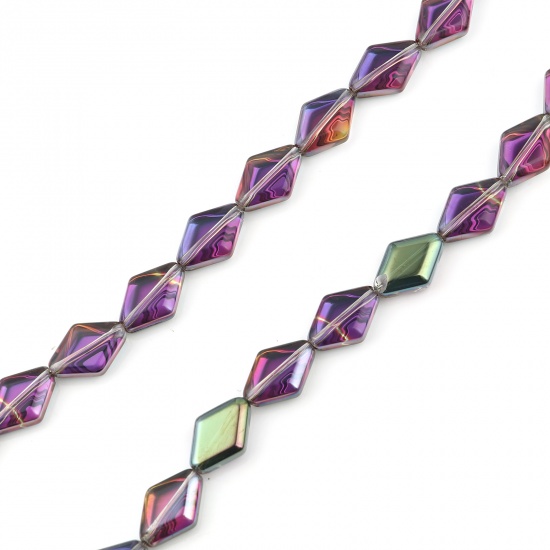 Picture of Glass Beads Rhombus Fuchsia & Green About 15mm x 10mm, Hole: Approx 1.1mm, 64cm(25 2/8") - 63.5cm(25") long, 1 Strand (Approx 43 PCs/Strand)