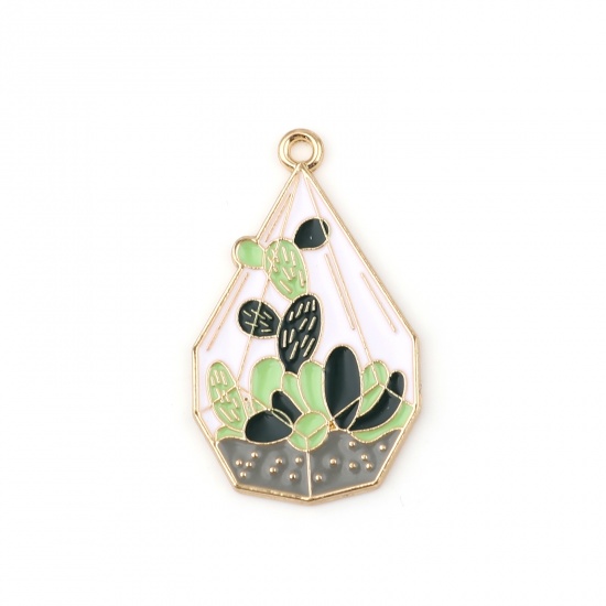 Picture of Zinc Based Alloy Pendants Polygon Gold Plated White & Green Cactus Enamel 34mm x 20mm, 5 PCs