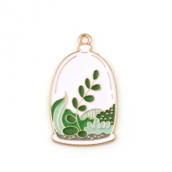 Picture of Zinc Based Alloy Pendants Oval Gold Plated White & Green Pot Plant Enamel 34mm x 20mm, 5 PCs