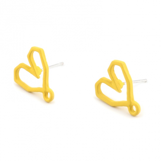 Immagine di Lega di Zinco Pittura Orecchini a Perno Tappi di Orecchini Cuore Giallo W/ Loop 13mm x 12mm, 4 Pz