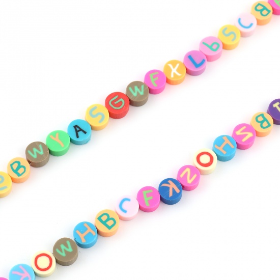 Picture of Polymer Clay Beads Round At Random Color Initial Alphabet/ Capital Letter Pattern About 10mm Dia, Hole: Approx 1.7mm, 50 PCs