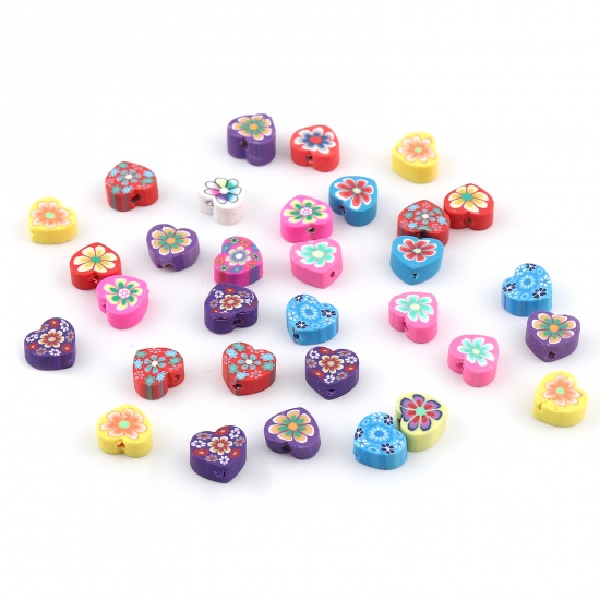 Picture of Polymer Clay Beads Heart At Random Color Flower Pattern About 10mm x 9mm, Hole: Approx 1.5mm, 50 PCs