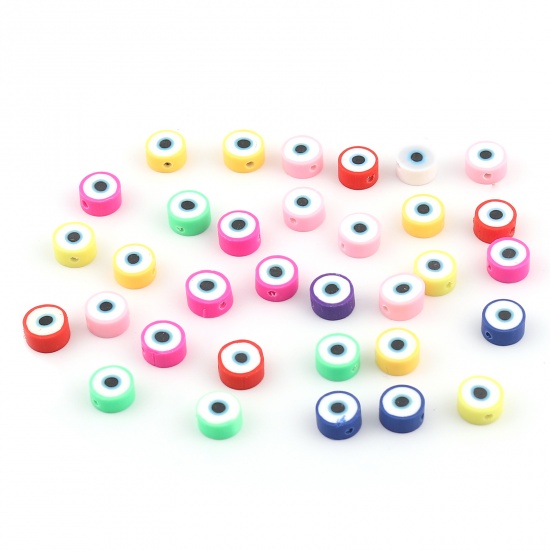Picture of Polymer Clay Religious Beads Round At Random Color Evil Eye Pattern About 10mm Dia, Hole: Approx 2mm, 50 PCs