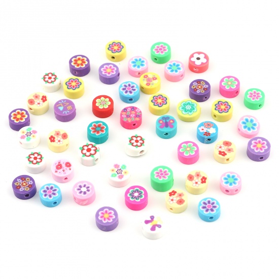 Picture of Polymer Clay Beads Round At Random Color Flower Pattern About 10mm Dia, Hole: Approx 1.8mm, 50 PCs