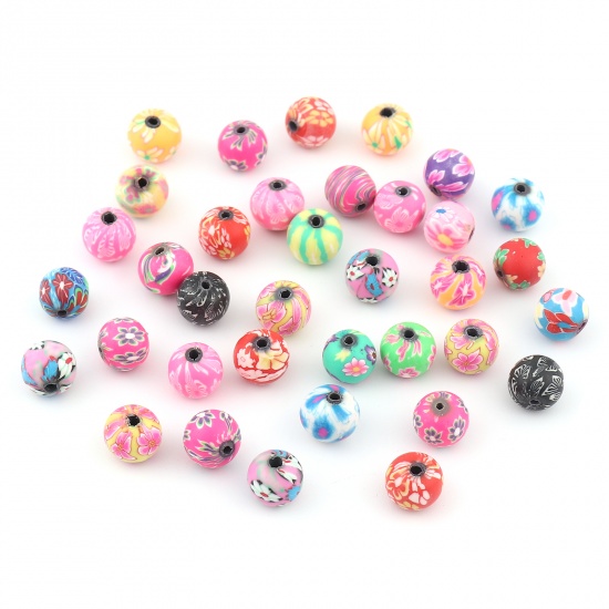Picture of Polymer Clay Beads Round At Random Color Flower Pattern About 10mm Dia, Hole: Approx 1.9mm, 50 PCs