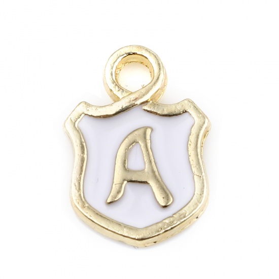 Immagine di Lega di Zinco Charms Scudo Oro Placcato Bianco Lettera Maiuscola Lettere " A " Smalto 14mm x 10mm , 10 Pz