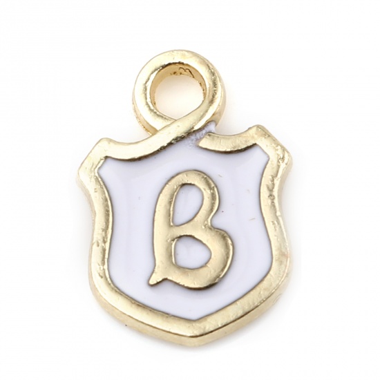 Immagine di Lega di Zinco Charms Scudo Oro Placcato Bianco Lettera Maiuscola Lettere " B " Smalto 14mm x 10mm , 10 Pz