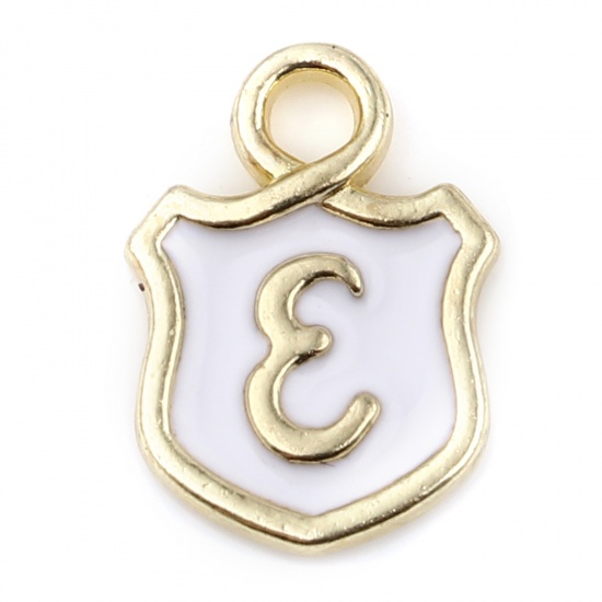 Immagine di Lega di Zinco Charms Scudo Oro Placcato Bianco Lettera Maiuscola Lettere " E " Smalto 14mm x 10mm , 10 Pz