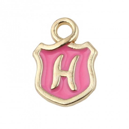 Picture of Zinc Based Alloy Charms Shield Gold Plated Pink Initial Alphabet/ Capital Letter Message " H " Enamel 14mm x 10mm, 10 PCs