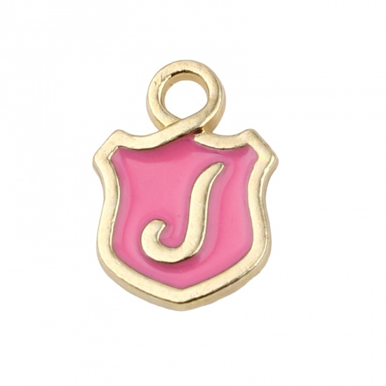 Picture of Zinc Based Alloy Charms Shield Gold Plated Pink Initial Alphabet/ Capital Letter Message " J " Enamel 14mm x 10mm, 10 PCs
