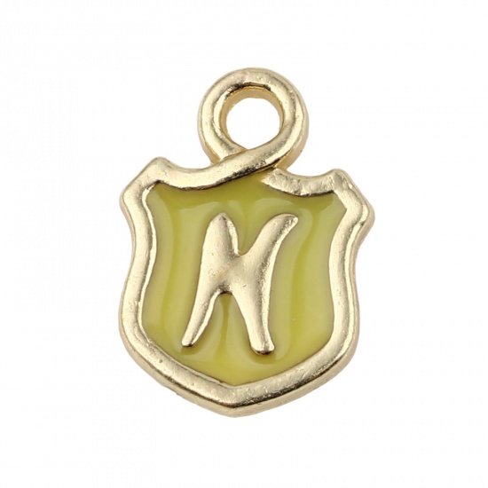 Picture of Zinc Based Alloy Charms Shield Gold Plated Yellow Initial Alphabet/ Capital Letter Message " K " Enamel 14mm x 10mm, 10 PCs
