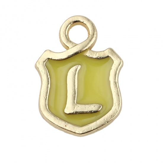 Immagine di Lega di Zinco Charms Scudo Oro Placcato Giallo Lettera Maiuscola Lettere " L " Smalto 14mm x 10mm , 10 Pz