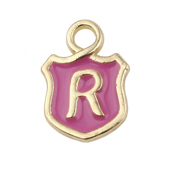 Immagine di Lega di Zinco Charms Scudo Oro Placcato Lilla Pallido Lettera Maiuscola Lettere " R " Smalto 14mm x 10mm , 10 Pz