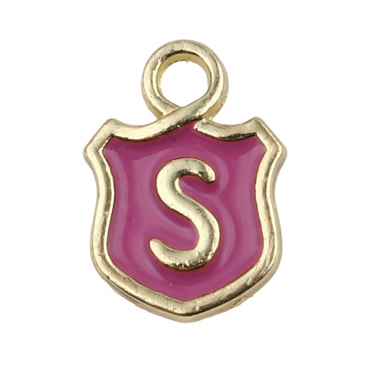 Immagine di Lega di Zinco Charms Scudo Oro Placcato Lilla Pallido Lettera Maiuscola Lettere " S " Smalto 14mm x 10mm , 10 Pz