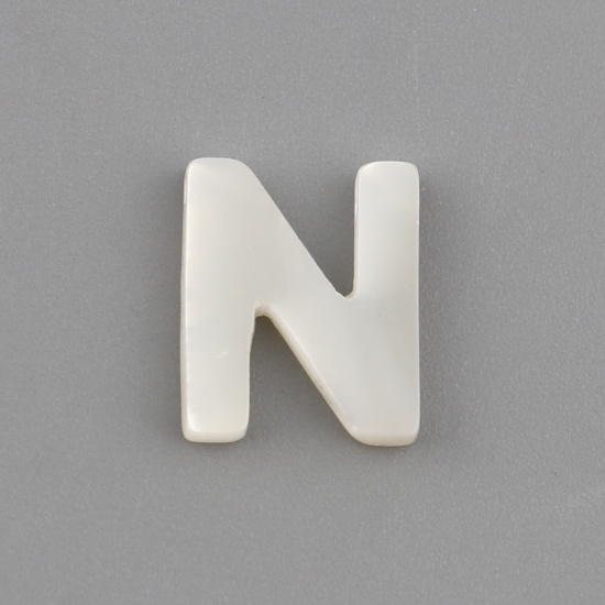Picture of Shell Loose Beads Capital Alphabet/ Letter Creamy-White Message " N " About 10mm x 8mm, Hole:Approx 0.5mm, 1 Piece