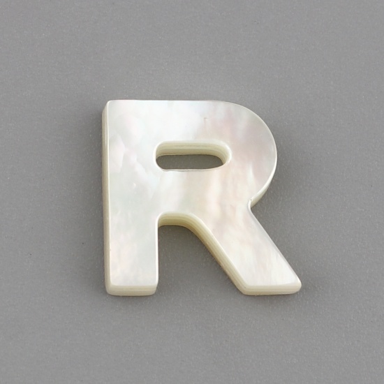 Picture of Shell Loose Beads Capital Alphabet/ Letter Creamy-White Message " R " About 10mm x 9mm, Hole:Approx 0.5mm, 1 Piece