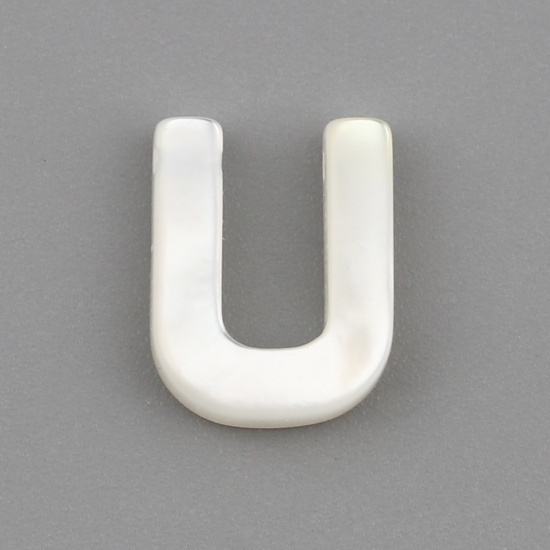 Picture of Shell Loose Beads Capital Alphabet/ Letter Creamy-White Message " U " About 10mm x 8mm, Hole:Approx 0.5mm, 1 Piece