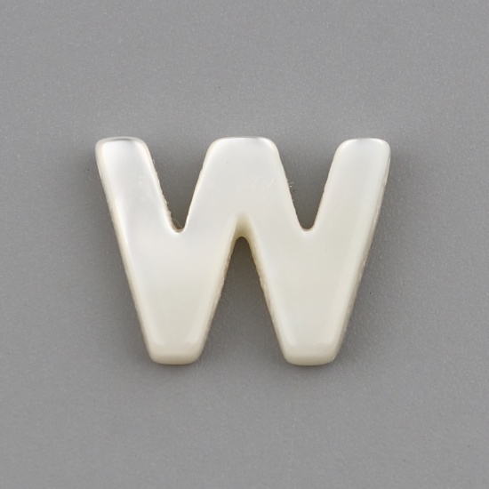 Picture of Shell Loose Beads Capital Alphabet/ Letter Creamy-White Message " W " About 13mm x 10mm, Hole:Approx 0.5mm, 1 Piece