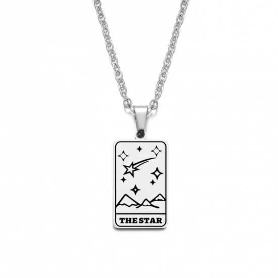 Picture of Stainless Steel Tarot Link Cable Chain Findings Necklace Silver Tone Rectangle Mountain Message " THE STAR " 50cm(19 5/8") long, 1 Piece
