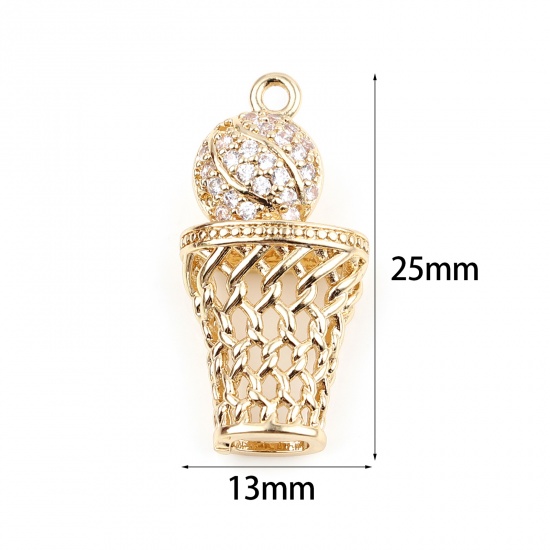 Image de Breloques Sport en Laiton Panier de Basketball Doré Basketball Micro Pave Zircone Cubique Clair 25mm x 13mm, 2 Pcs