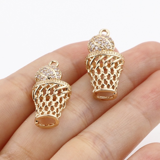 Image de Breloques Sport en Laiton Panier de Basketball Doré Basketball Micro Pave Zircone Cubique Clair 25mm x 13mm, 2 Pcs